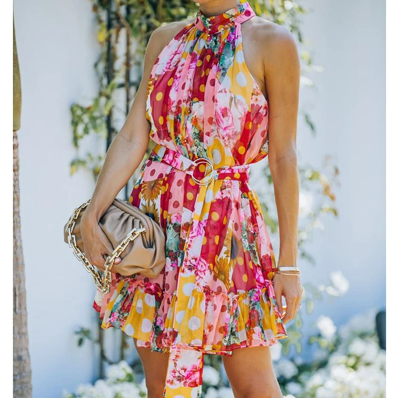 

Платье Mandylandy без рукавов с высокой талией, сексуальное летнее платье-трапеция, женское шифоновое платье с цифровым принтом, Клубная одежда ...