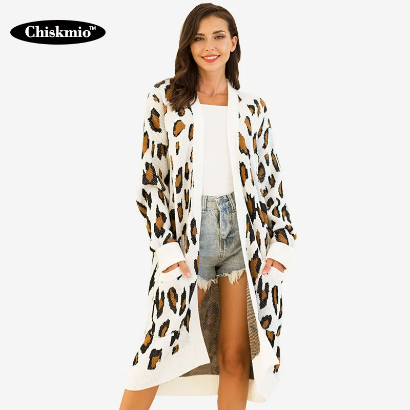 Женский кардиган с леопардовым принтом Chiskmio Зимний вязаный свитер карманами