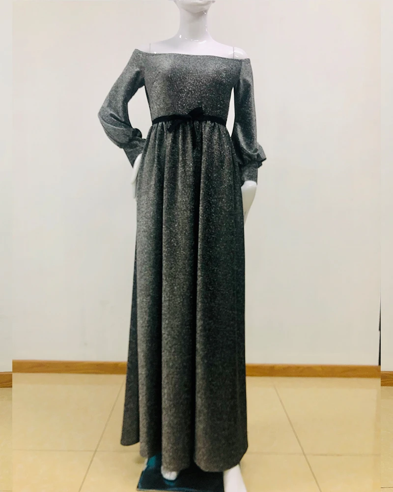 

Sexy Evening Party Night A-line Long Dress Women Slash Neck Big Swing Maxi Dresses Sequin Banquet Lantern Sleeve Pleated Dress