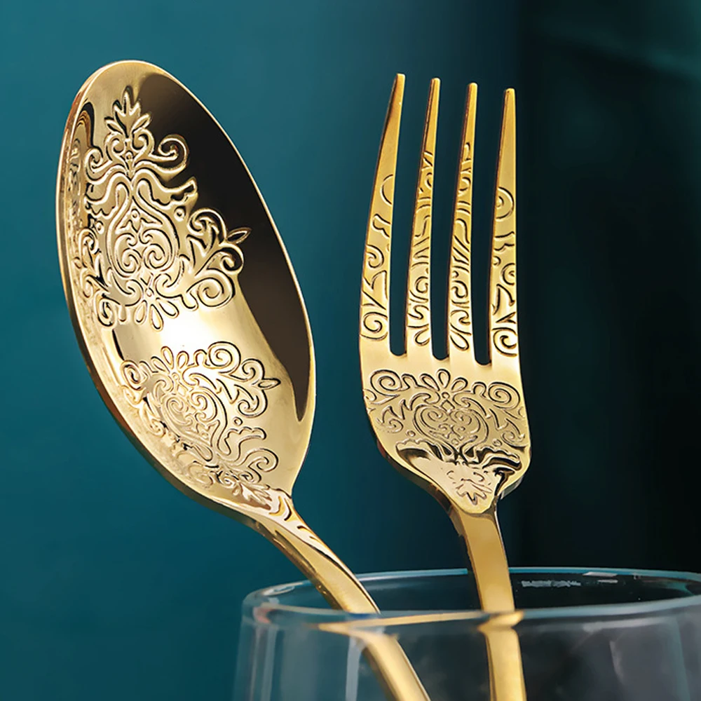 24pcs Cutlery Set Gold Tableware Dinnerware 304 Stainless Steel Carved Spoon Forks Knife Kitchen Western Dinner Silverware Gift | Дом и сад
