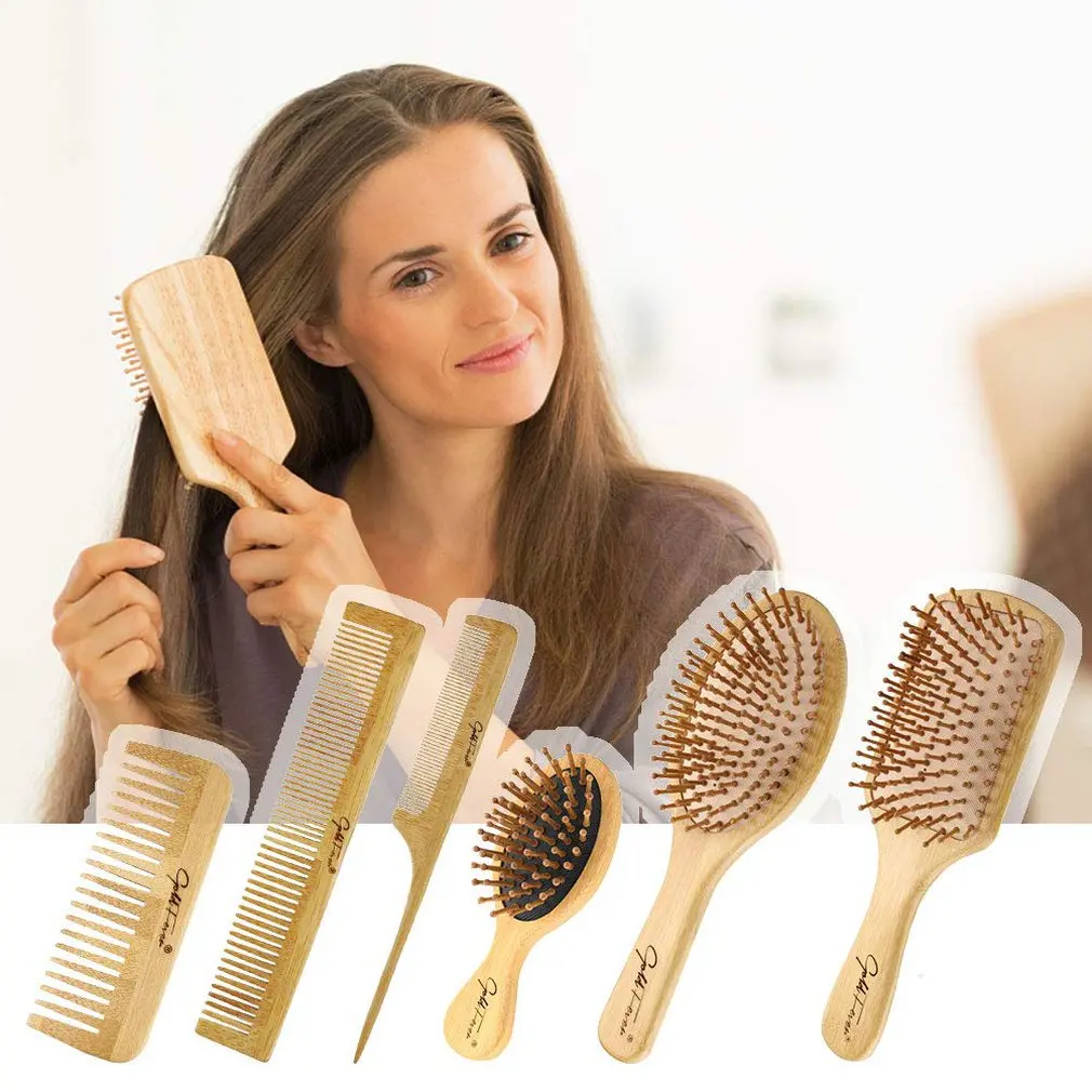 

6pcs Bamboo Hairbrush Bamboo Bristles Hairbrush Set With Tail Comb Tooth Comb Double Head Comb Leather Massage Cushion Comb