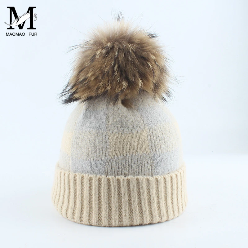 Casual Women's Hats Wool Knitted Female Beanies Autumn Winter Real Fur Pom Hat Brand New Thick Girls Skullies | Аксессуары для