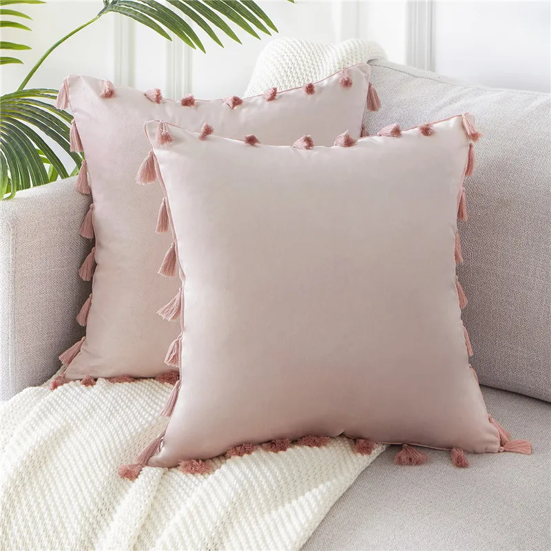 Pink-Set of 2 Topfinel Твердые бархатные наволочки украшения наволочки мягкие квадратные с кисточкой для дивана кровати домашний декор автомобиля подушки - Цвет: Pink-Set of 2
