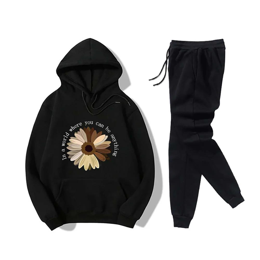 

Autumn Spring Women Sport Sets Oversize Long Sleeve Hoodies Balck Sweatpants Vintage Floral Print Sportwear Casual Tractsuit