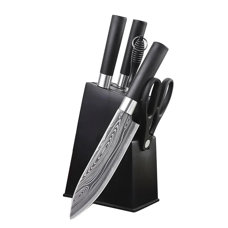 6Pcs Kitchen Knife Set Damascus Pattern Chop Bone Utility Meat Cleaver Steak Sharpener Scissors Tool Holder | Дом и сад