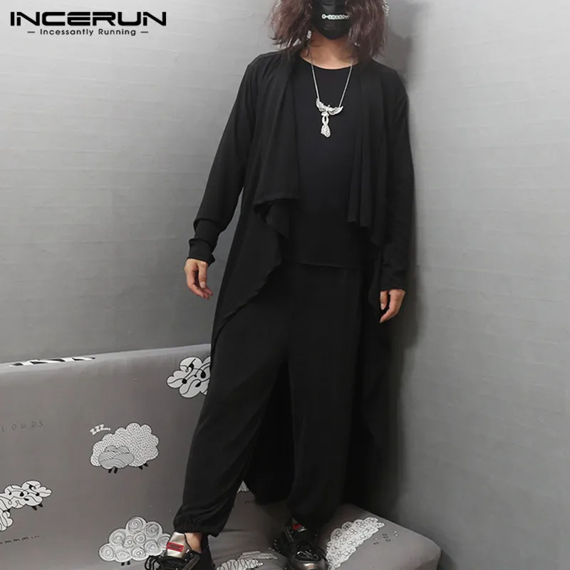 

Men Cardigan Trench Long Sleeve Open Stitch Outwear INCERUN Leisure Solid Color Coats Man Loose Irregular Jackets Streetwear 5XL
