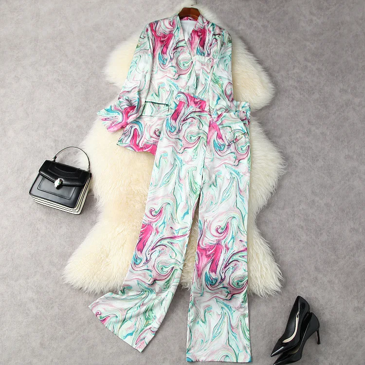 

European and American women's autumn 2021 new Long sleeve V-neck printed coat Wide-legged pants Fashion suits