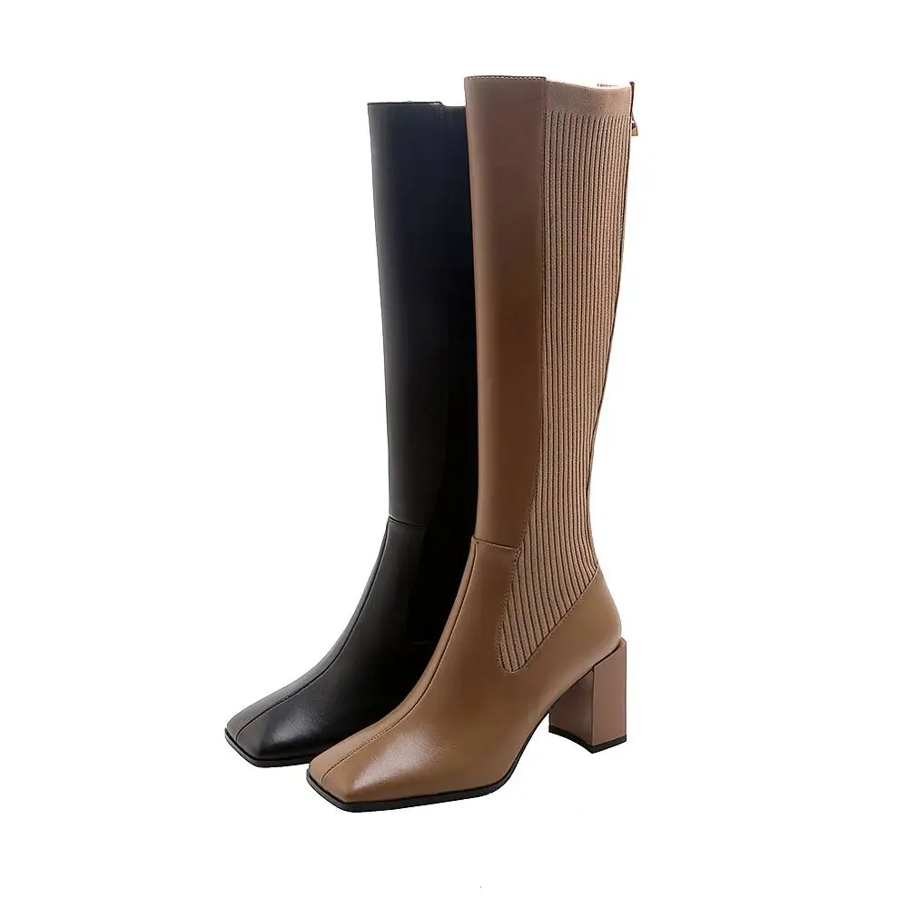 

Vichelo Hot knitting boots genuine leather patchwork square toe thick high heel back zipper nightclub dating knee-high boots L17