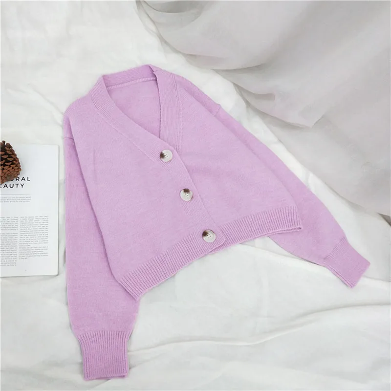 

Women's Autumn Winter Cardigans Korean The Short Solid Color Knitted Cardigan New V-neck Loose Lantern Sleeve Sweater LL292