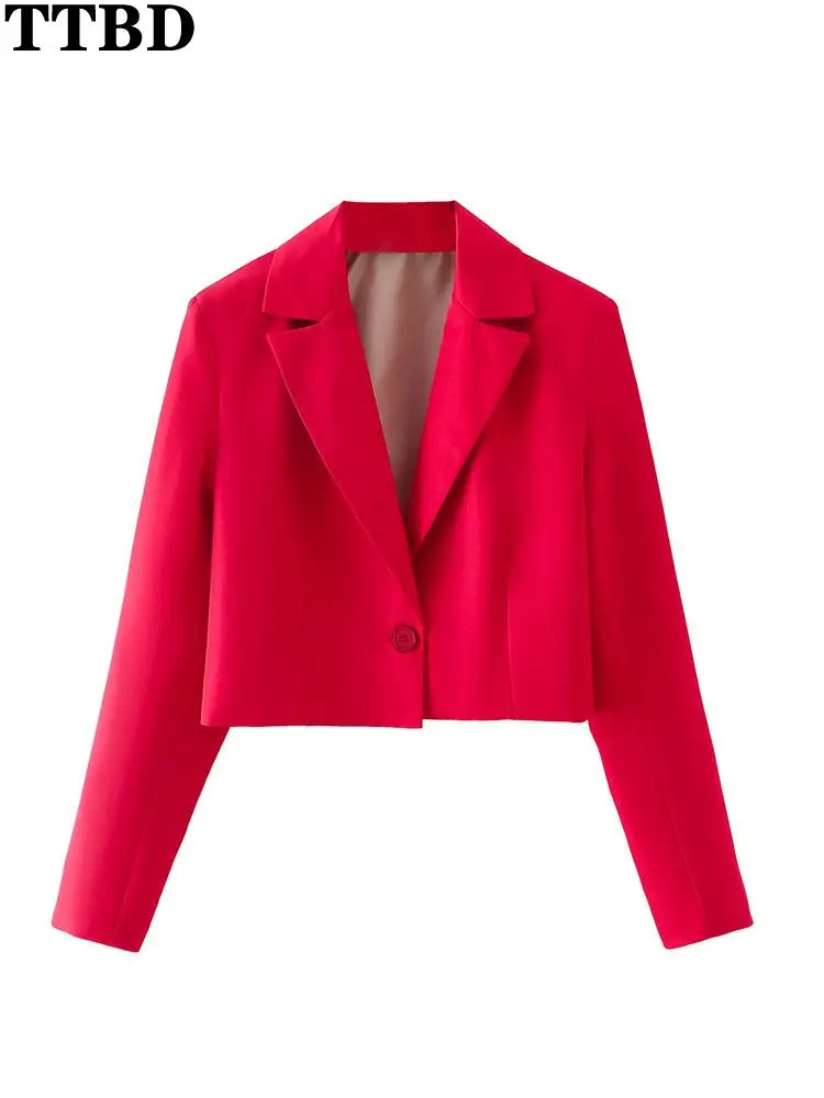 

TTBD Women 2022 fashion single button cropped blazer coat vintage long sleeve female outerwear chic veste femme bleizer femenino