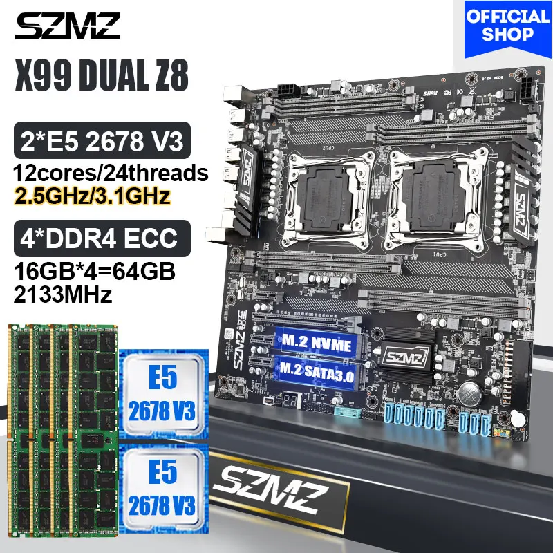

Комплект материнской платы SZMZ X99 с двумя процессорами LGA 2011-3, ОЗУ 2 шт. E5 2678V3 и 4*16 Гб DDR4 2133 МГц ECC REG X99, базовая пластина, комплект Xeon E5
