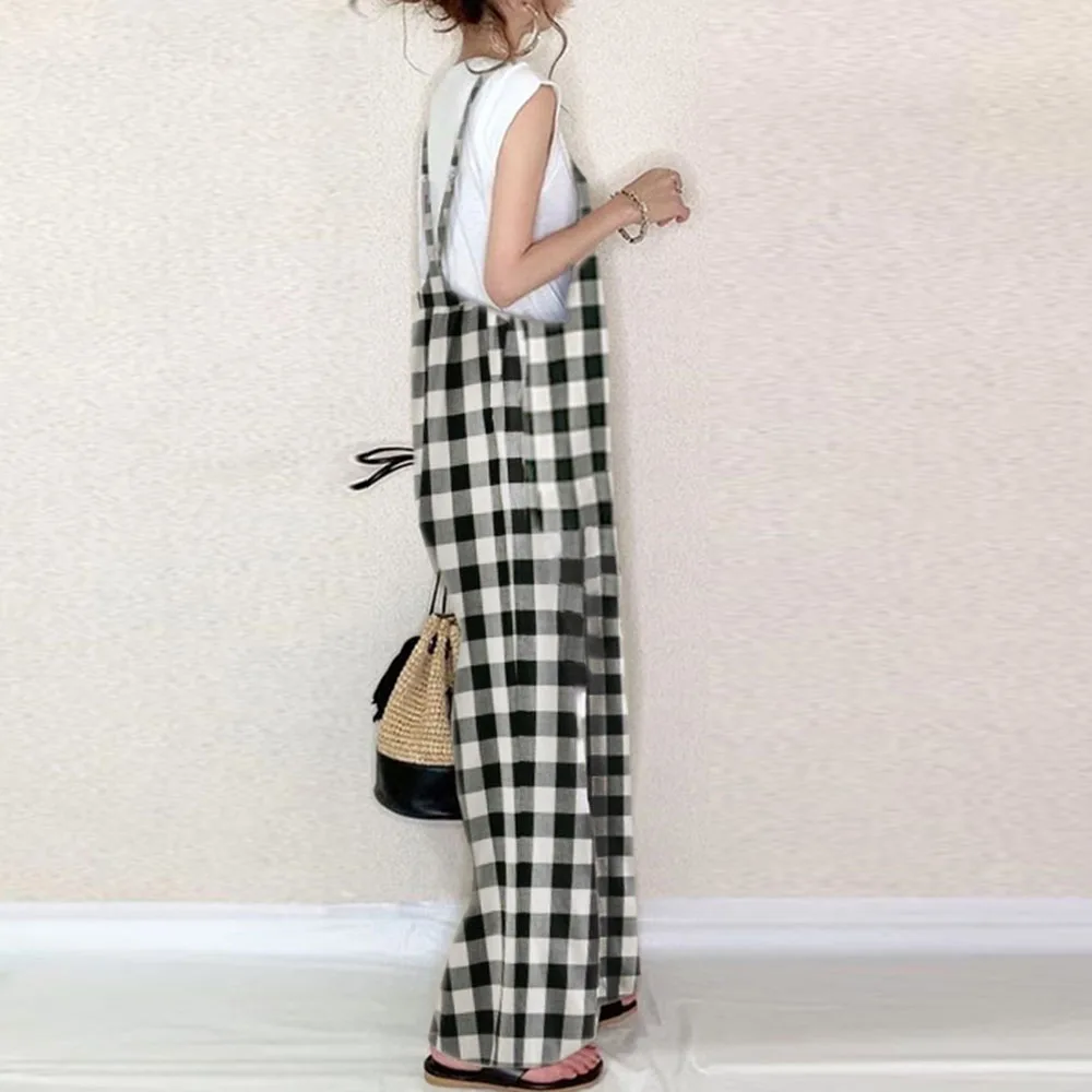 

Jumpsuit Plaid Women Summer 2021 Korean Straight Wide Leg Long Rompers Casual Female One Piece Overalls Daily Loose Pants