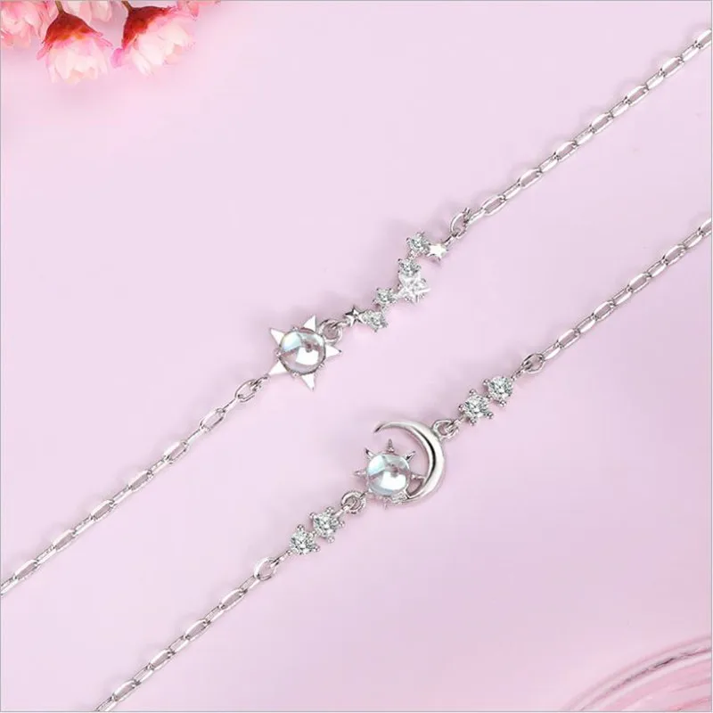 

2 PCS Bracelets Silver 925 Girl Jewelry Trendy Crystal Moon Star Design Women Bracelet Accessories Female Birthday Gift Bracelet