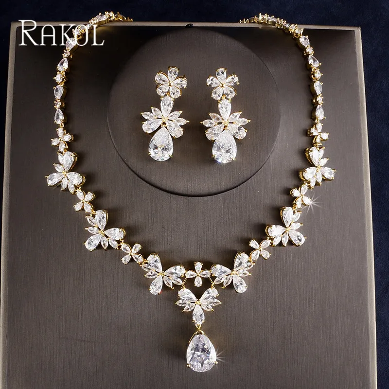 Комплект женских ювелирных украшений RAKOL серьги и ожерелье из кубического