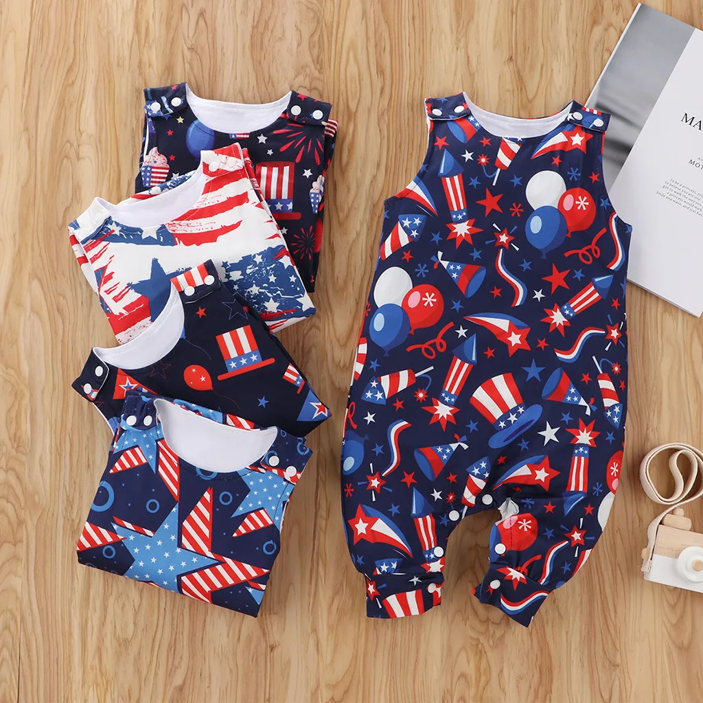 Летний комбинезон для новорожденных младенцев мальчиков и девочек с принтом на