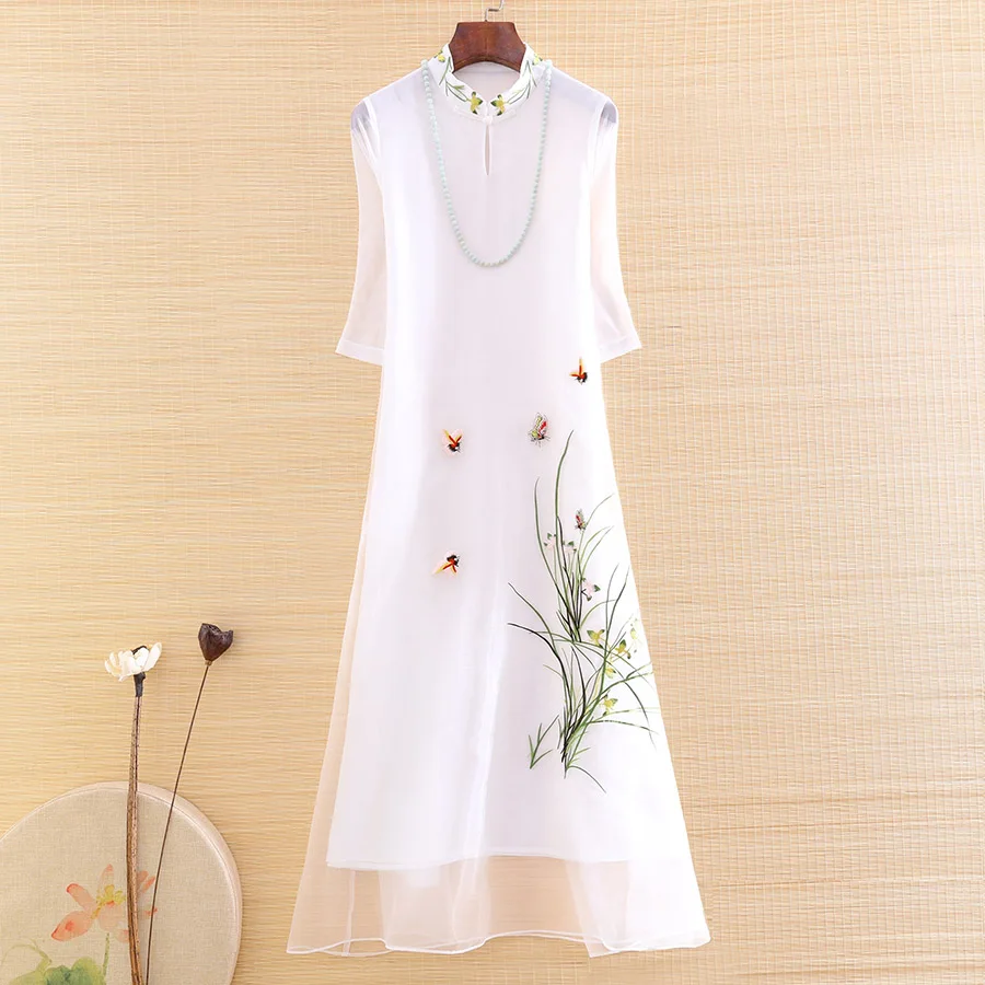 

High-end Summer 2020 Organza Women Cheongsam Retro Elegant Embroidery half Sleeve A-line Lady Party Qiapao Dress S-XXL