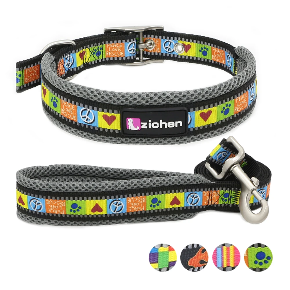 

Reflective Dog Collar Leash Set Adjustable Printing Breathable Mesh Nylon Durable Dog Collar For Small Medium Large Pet Necklace