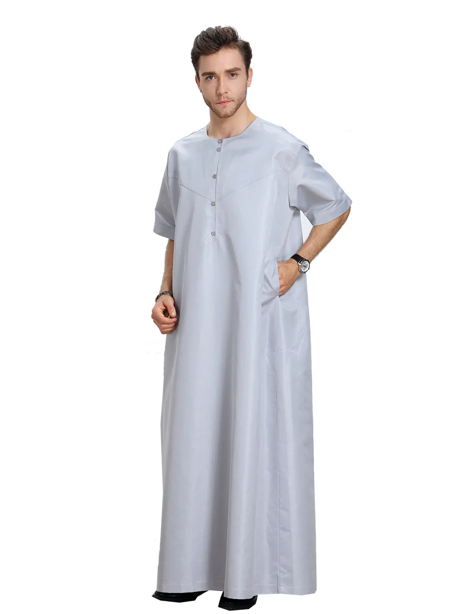 Summer Muslim Arab Clothing Men Jubba Thobe Short Sleeve Button Casual Robe Dubai Middle East Male Islamic Muslim Kaftan Robe