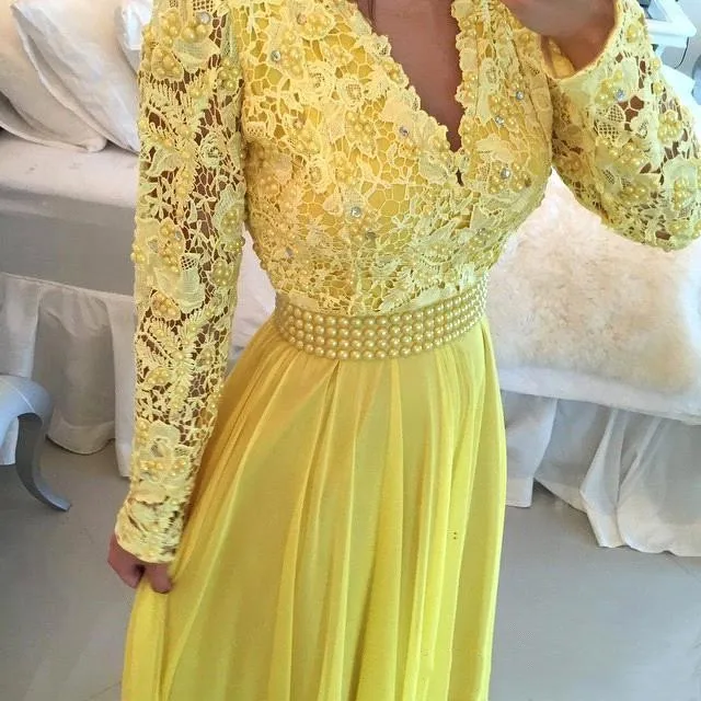 

2022 A Line yellow Formal Evening Dresses Party Prom Wear Sexy V Neck Long Sleeve White And Royal Blue Dress Floor Length