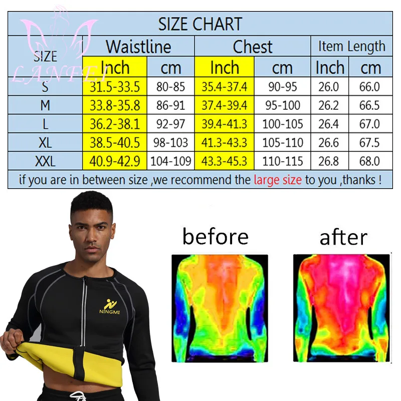 LANFEI Men Sports Slimming Shirt Weight Loss Neoprene Sauna Sweat Vest Suit Waist Trainer Body Shaper Tank Top with Long Sleeve