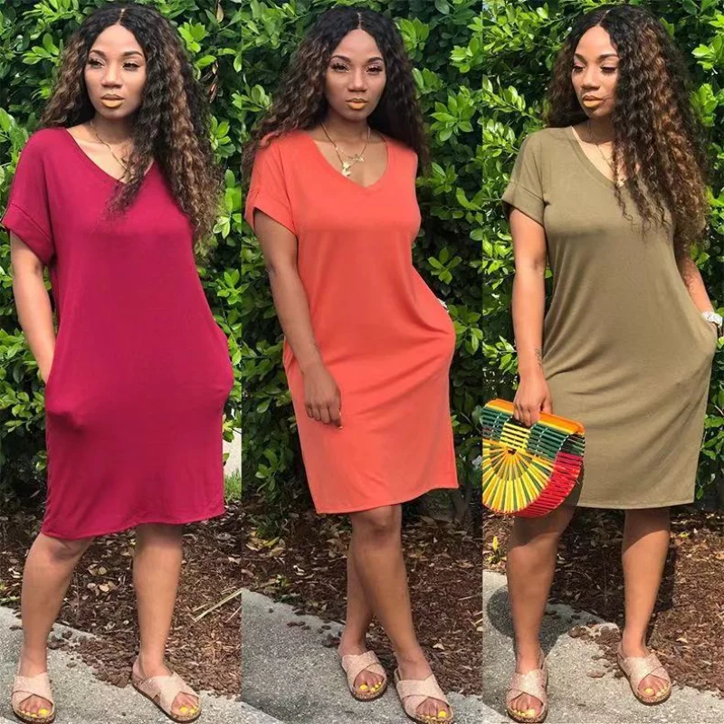 

2021 New Casual Women's V-neck Short-sleeved Mid-length Dress Lounge Wear Maxi Dresses for Women Summer Cheap Clothing Women