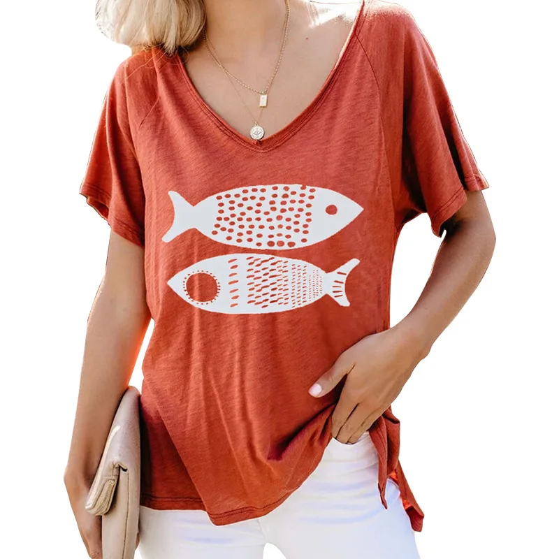 

BAMBOOBOY 2022 New Arrival Women Printed V Neck Short Sleeve Casual T-shirt Tops FC937