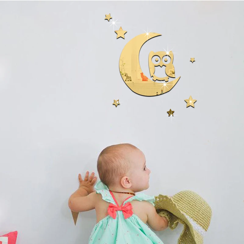 

Acrylic Protection Three Dimensional Cute Owl Moon Mirror Wall Stickers Children's Room Background Decor Irregular Wall Stickers