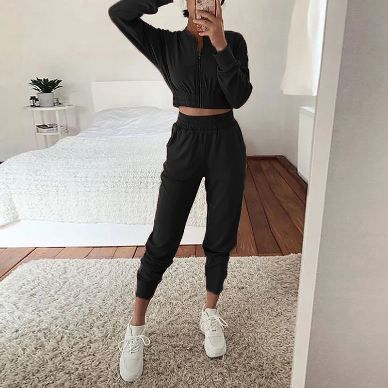 

2 Two Piece Sets Sporty Women Tracksuit Solid Outfit Sweatshirt + Sweatpants Matching Set Streetwear Zipper Winter Sets G2954
