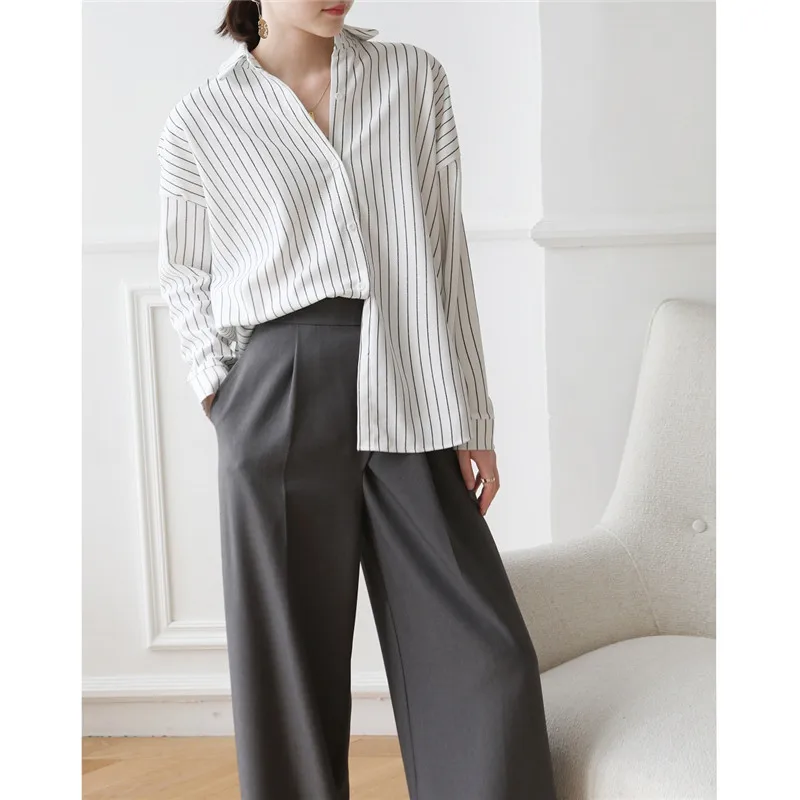 

POUNGDUDU 2021 Spring Women's Shirt Female Tops For Women's Blouse Striped Long Sleeve Supple Gentle Elegant Loose Office Lady