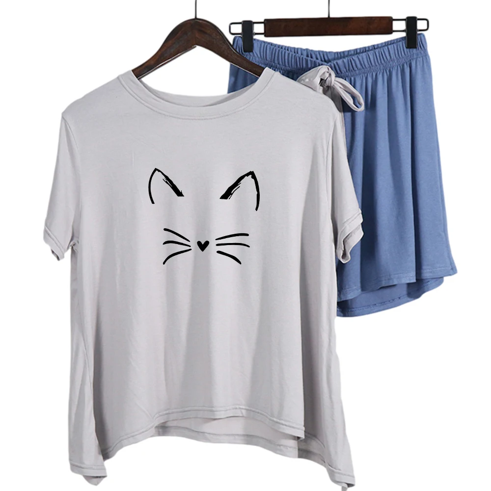 

Fashion Cute Cat Print Pajamas Suit Short Sleeve Cotton Summer Trousers Thin Casual Loose Top Women Home Service Simple Pajama