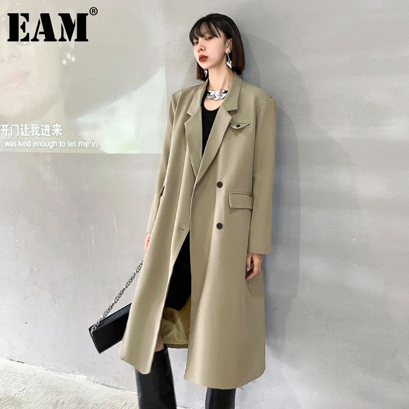 

[EAM] Women Black Khaki Big Size Long Trench New Lapel Long Sleeve Loose Fit Windbreaker Fashion Tide Spring Autumn 2022 1DE2168