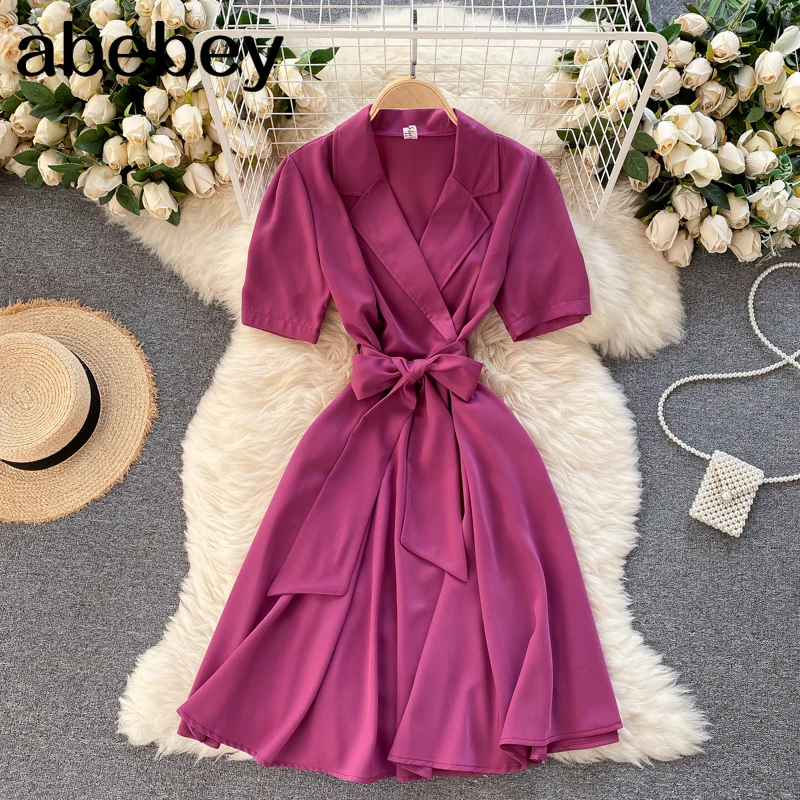 

Women 2021 Elegant Solid Dress French Sweet Puff Sleeve V Neck A-line Dress Summer Chic Midi Dress