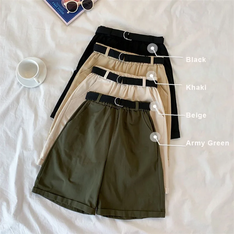 

Женские хлопковые шорты с широкими штанинами, однотонные Свободные повседневные брюки-карго до колена с высокой талией и поясом в Корейско...