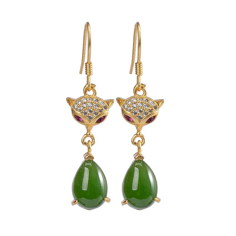 

925 Sterling Silver Earrings Earrings Gold-plated Natural Hetian Jade Jewelry Water Drop Shape Girl Jewelry