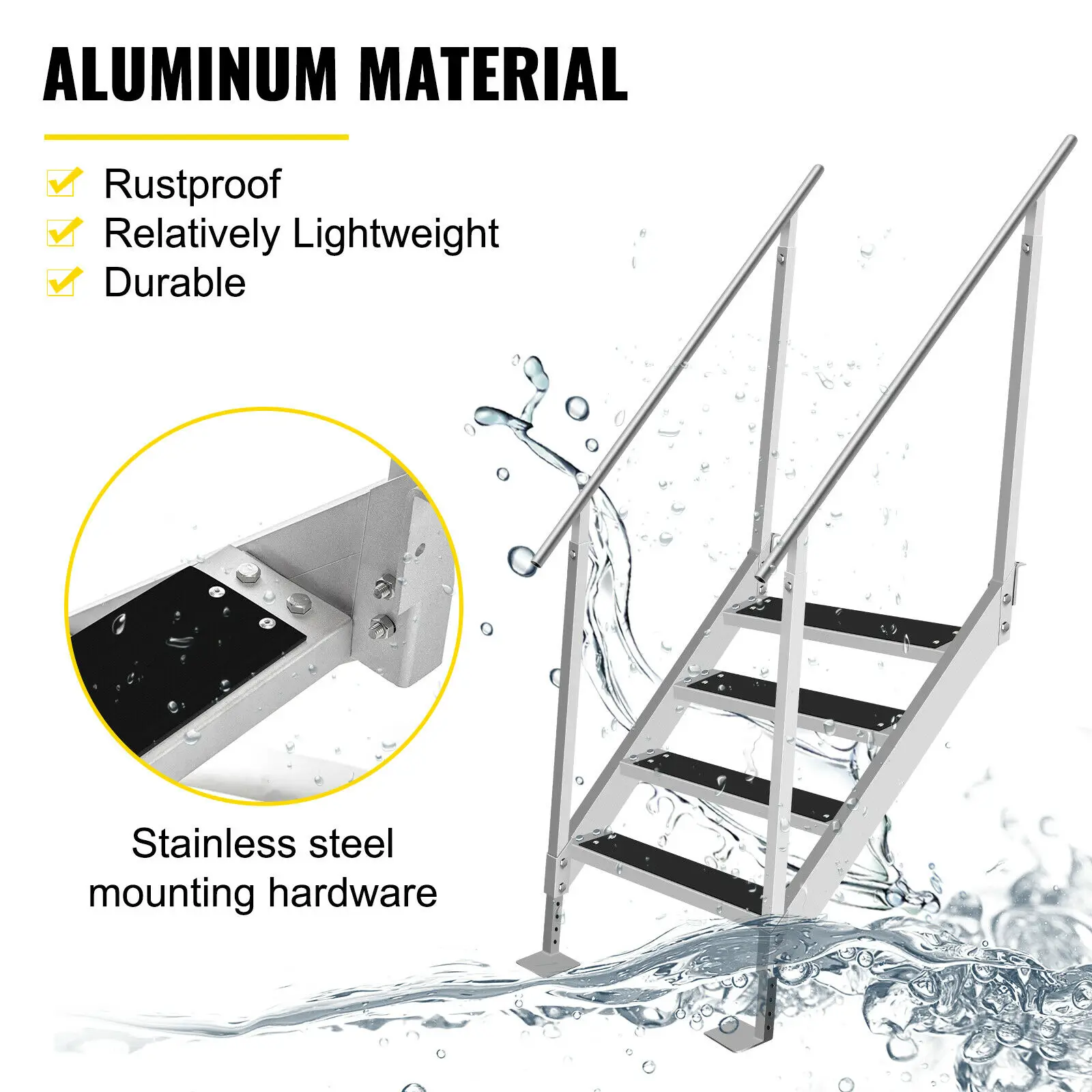 VEVOR-escalera de aluminio con escalones ajustables y antideslizantes para barco, muelle de abordaje, piscina, Pont&oacute;n, 350 libras, 4/6 escalones-5