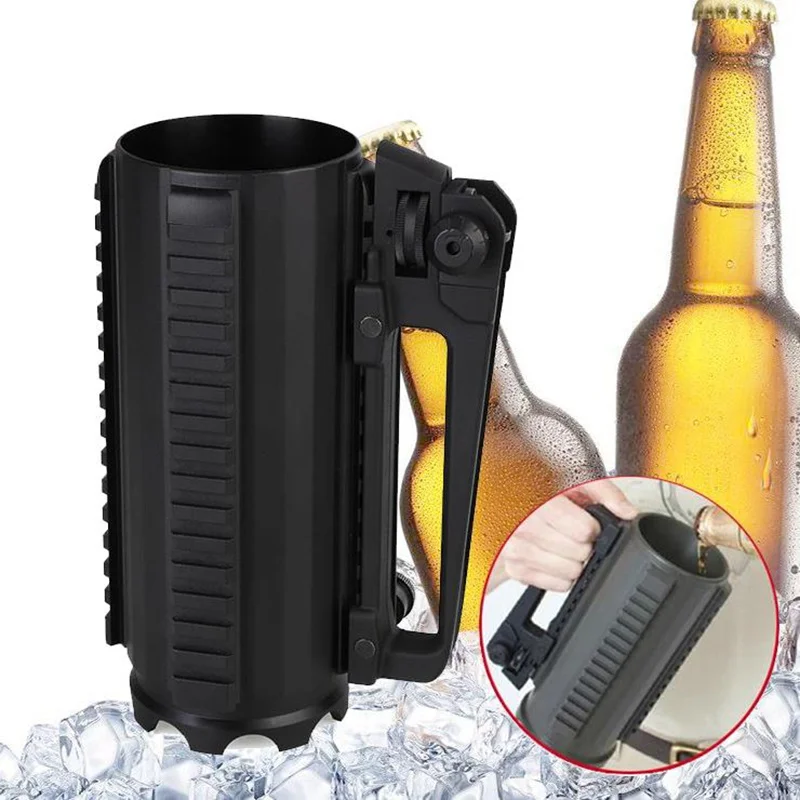 

Outdoor Sport Solid Beer Cup with Rail and Rear Sight Handle Novelty Tactical Military Aluminum Detachable Carry Battle Rail Mug