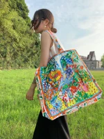 summer rurality romance floral art reversible printing oversize shopper shoulder bags handbags women designer brand canvas bags