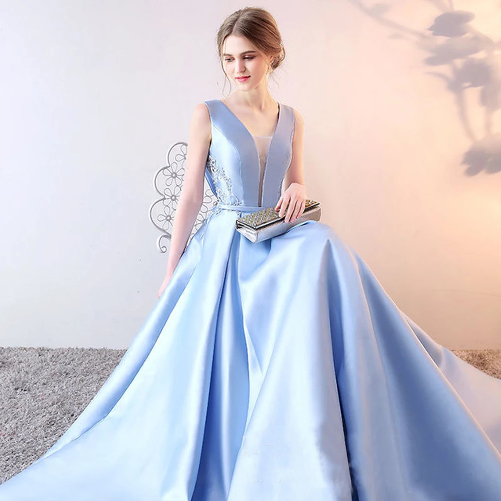 Long Evening Dress Sky Blue Lace Sleeveless V-Neck Backless Sexy Formal Fashion Women Prom Gown Dresses Robe De Soiree Vestidos | Свадьбы и