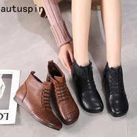 autuspin genuine leather ankle boots women 2022 spring fashion round toe retro boots with zipper flats handmade casual shoes