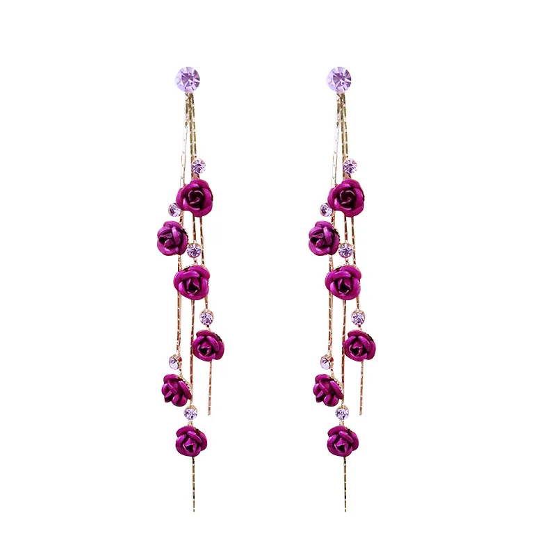 

2021 New Korean Purple Rose Flower Tassel Earrings for Women Roses Girls Shiny Rinestone Brincos Party Jewelry Gifts