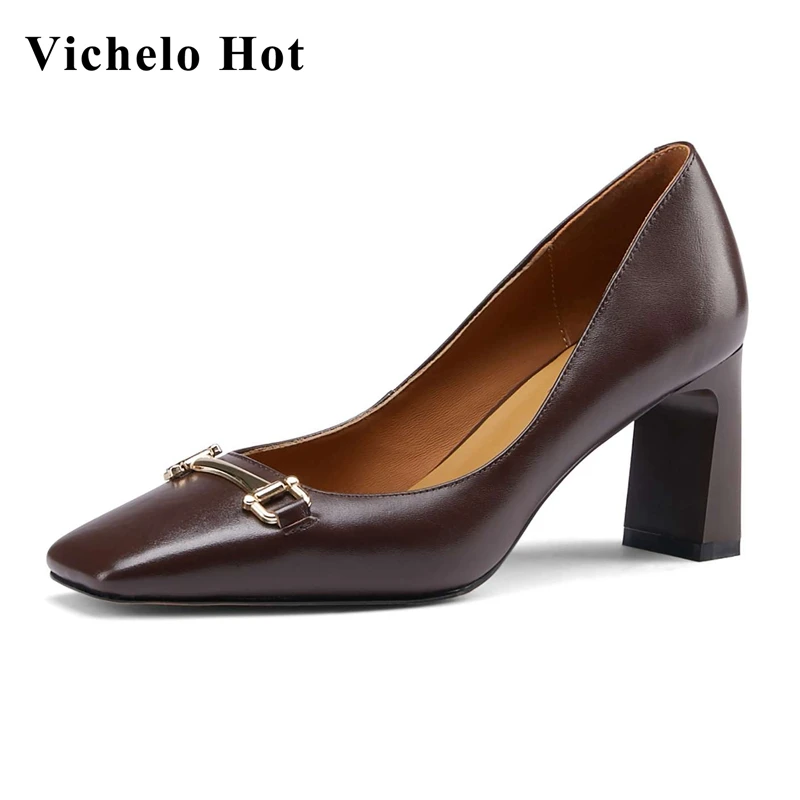 

Vichelo Hot genuine leather square toe high heels metal decoration European style mature lady shallow slip on women pumps L23