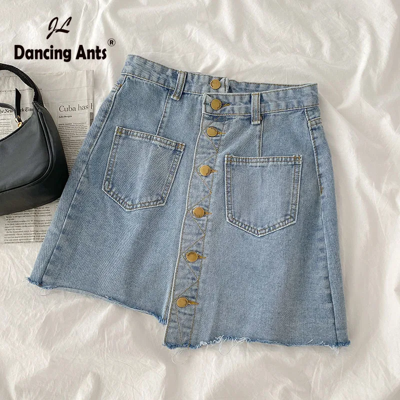 Трапециевидная пикантная джинсовая юбка с высокой талией однобортная