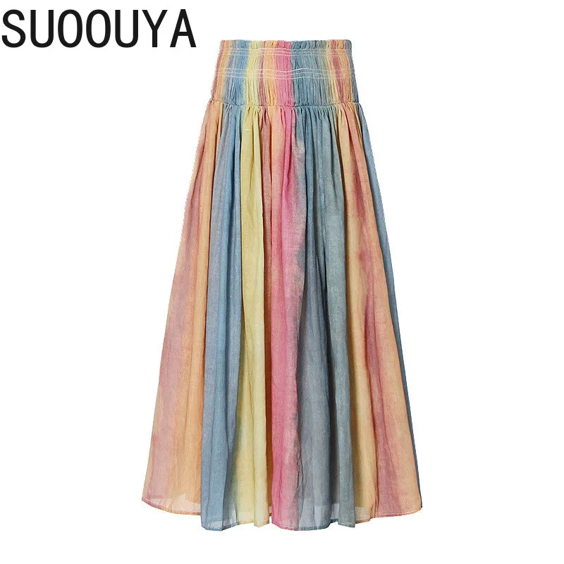 

[SUOOUYA] Women Patchwork Hit Color Retro Rainbow Maxi Skirt Elastic Waisted Long Skirts High Waist Loose Pleated Skirts 2021