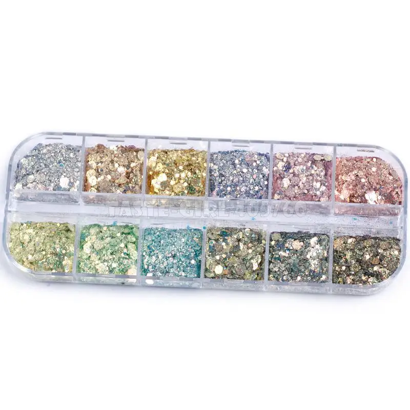 

12 Grids/Set Combined Glitter Holographic Hexagon Sequins Sugar Marble Powder Mylar Foil Shell Nail Art Decoration DIY CT#