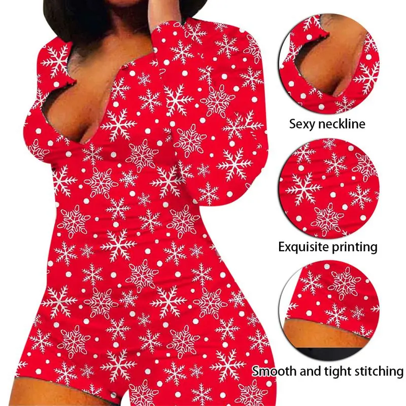 

Uefezo 2021 Sexy Women Rompers Christmas Print Pajamas Sleepwear V Neck Long Sleeve Short Jumpsuit Sexy Onesie Female Nightwear