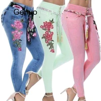women stretch high waist skinny embroidery jeans floral print denim pants trousers women pencil pant