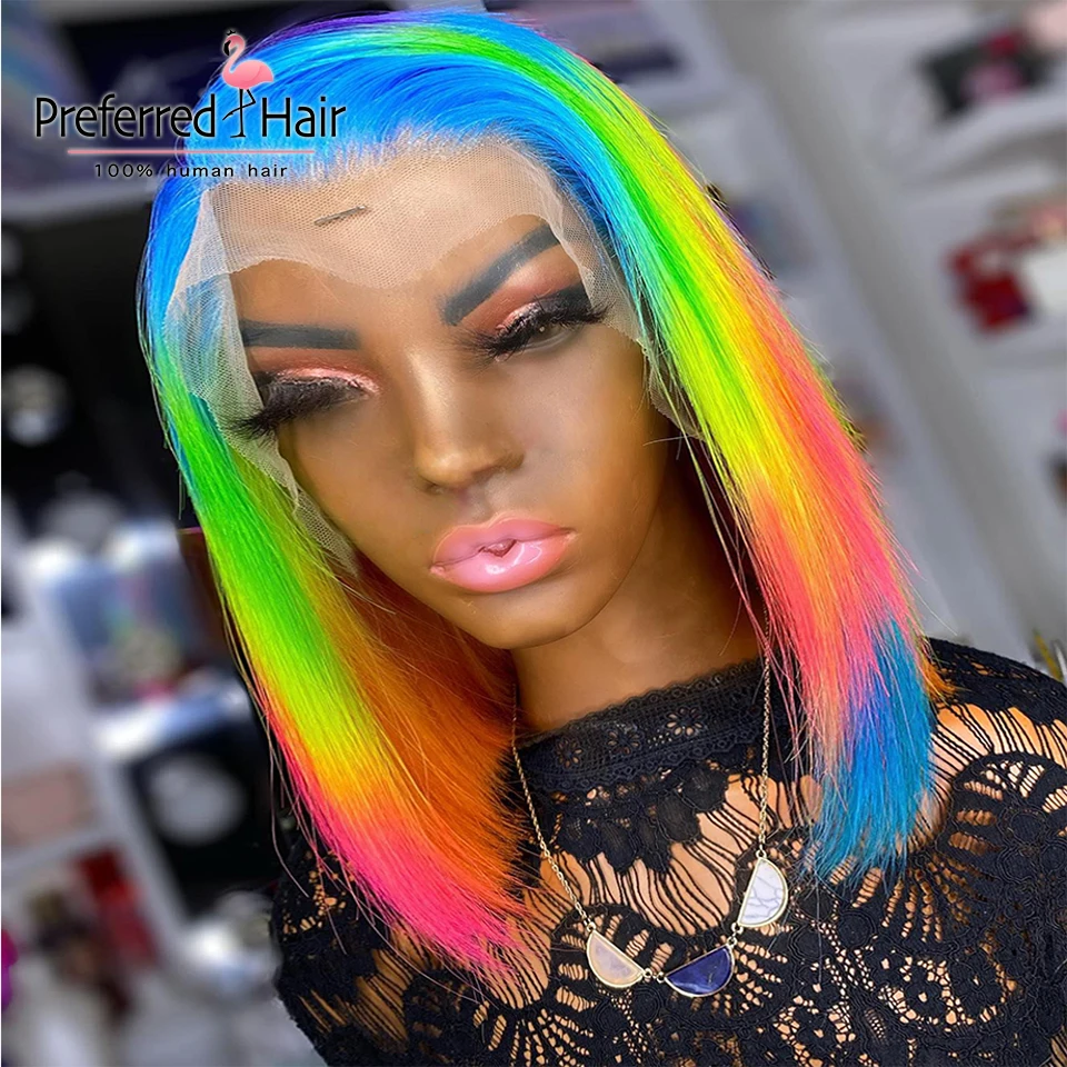 

Preferred Blue Yellow Rainbow Bob Wig Pre Plucked 13x4 Lace Front Wig Green Red Transparent Lace Human Hair Wigs For Women