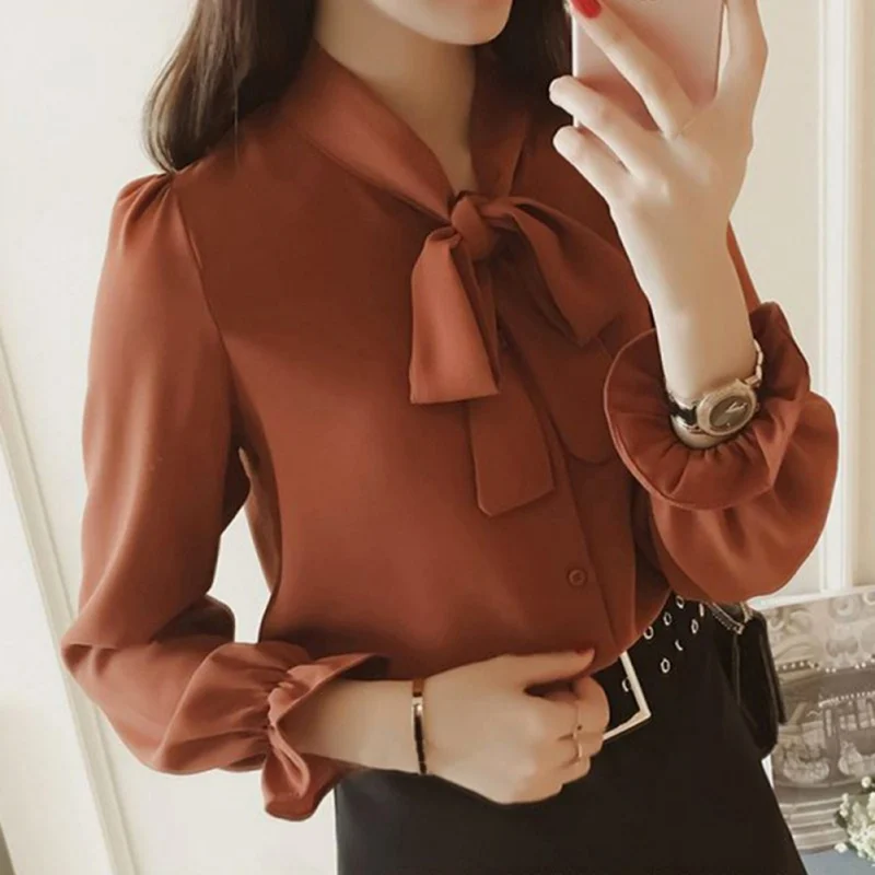 2020 Женские однотонные шифоновые рубашки с галстуком бабочкой и оборками женские