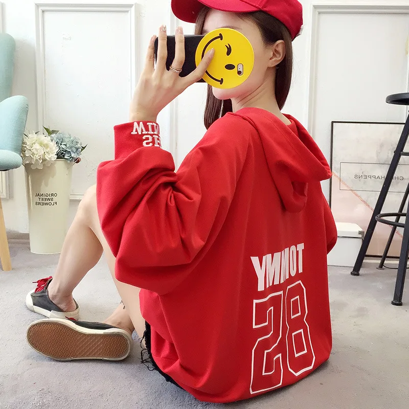 

Осень 2021, новый стиль, европейский и американский студенческий хлопковый тонкий свитер большого размера с капюшоном и надписью для женщин ...