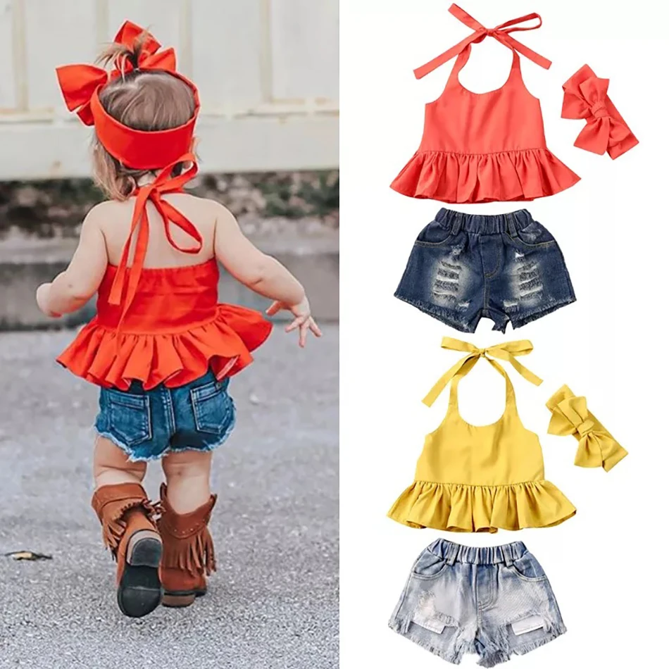

New Summer Baby Girls Clothes 3Pcs Toddler Kids Strap Tops Holey Denim Shorts Headband Summer Outfits Set Cute Infant Clothing